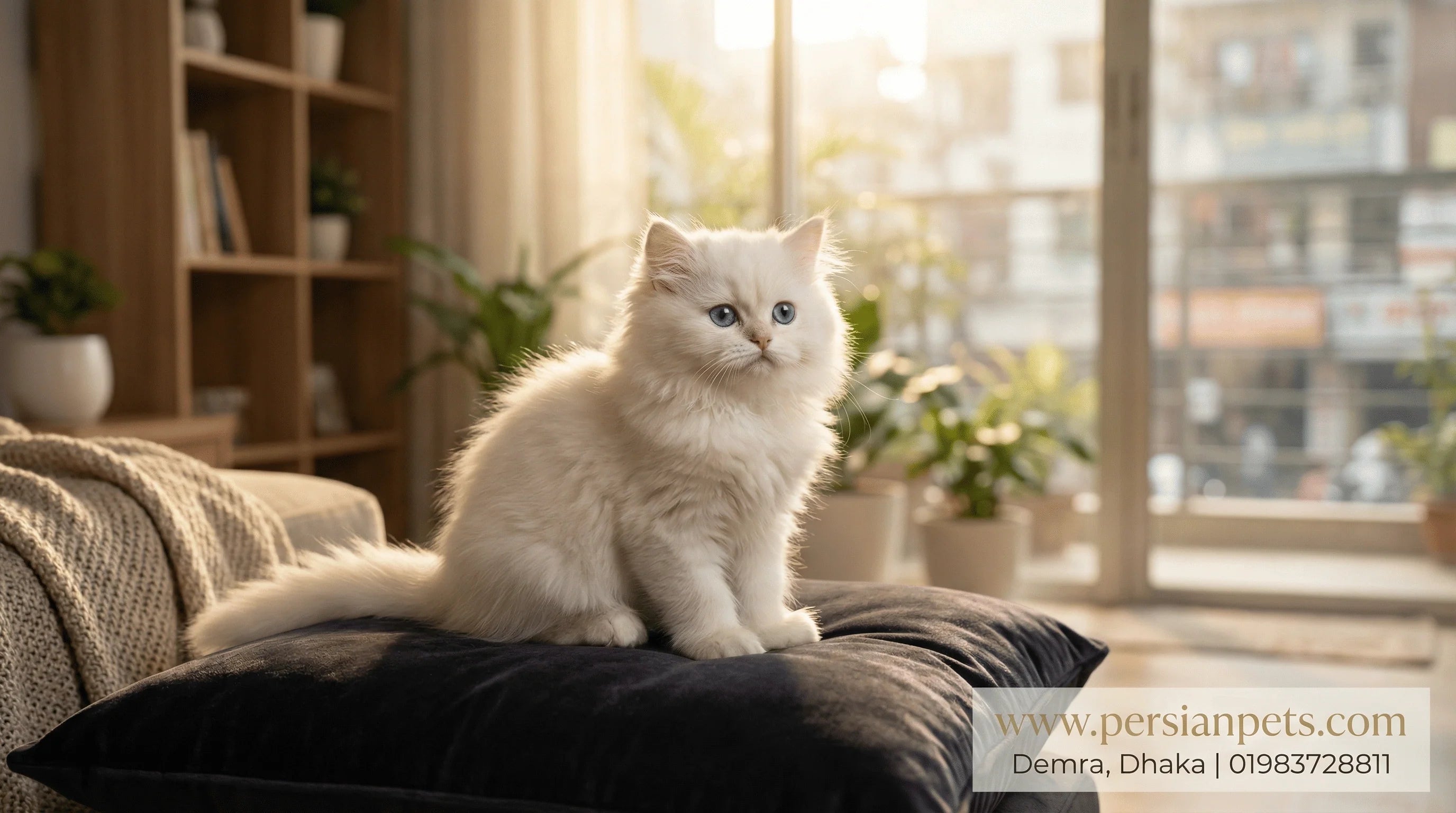A pure breed fluffy white Persian kitten sitting in a cozy Dhaka home, available for sale at PersianPets.com.