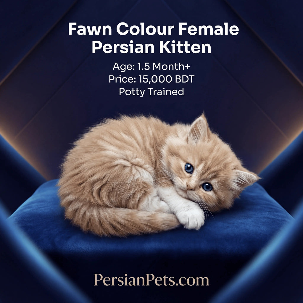 Fawn female Persian kitten, 1.5 months old, potty trained, resting on a blue cushion.