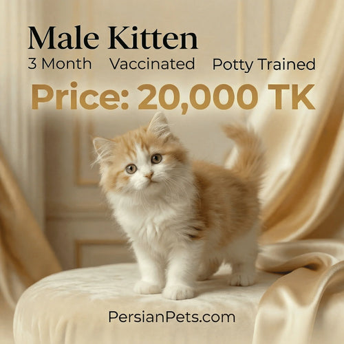 Fluffy 3-month-old male Persian kitten with cream and white fur, standing on a plush surface indoors.