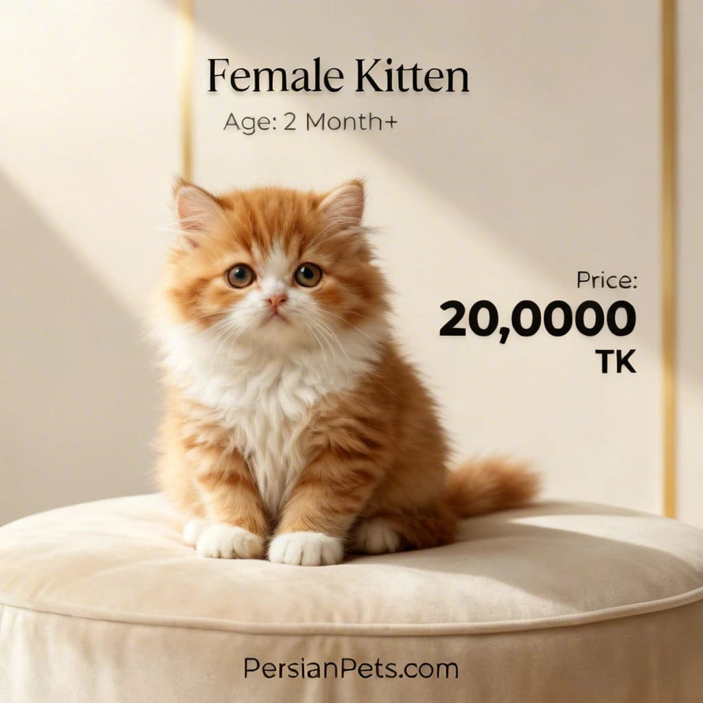 Orange and white kitten sitting on a cushion with text about its age and price, and a website URL.