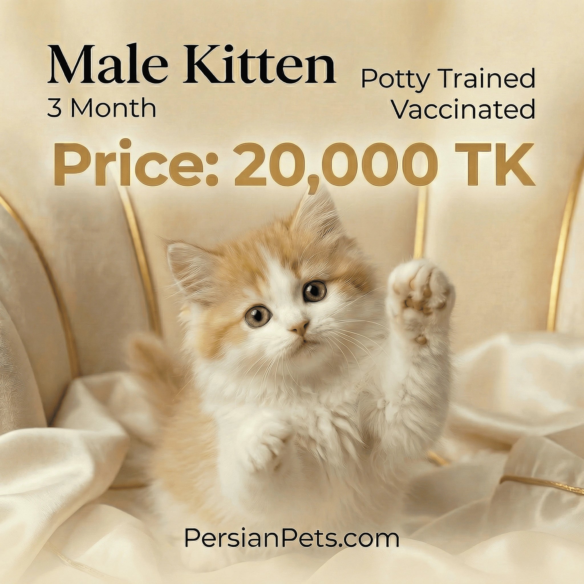 3-month-old male kitten with paws up, text about kitten's condition and price, PersianPets.com branding.