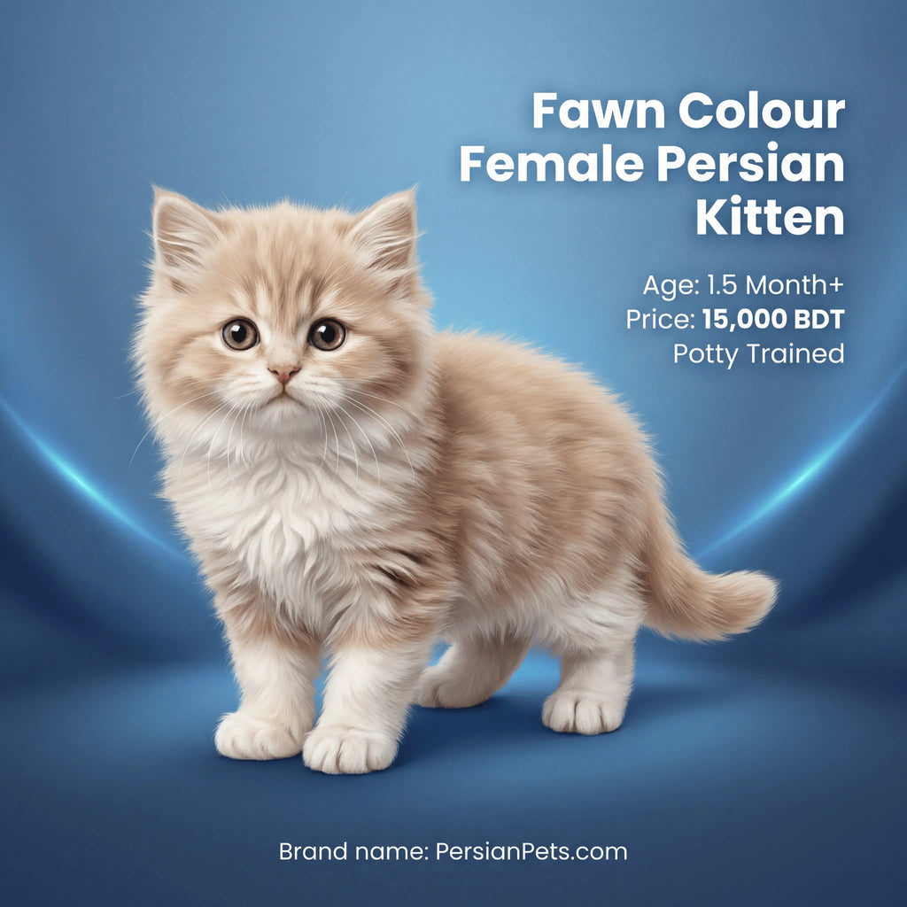 Fawn female Persian kitten with fluffy fur on blue background, age 1.5 months, Bangladesh.