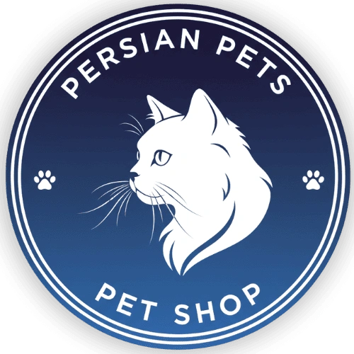 Round logo with white Persian cat silhouette, blue gradient background, and paw prints