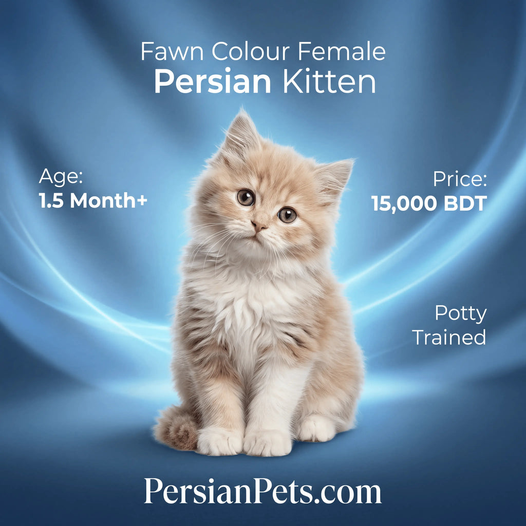 Fawn colored female Persian kitten, 1.5 months old, sitting on blue background, potty trained